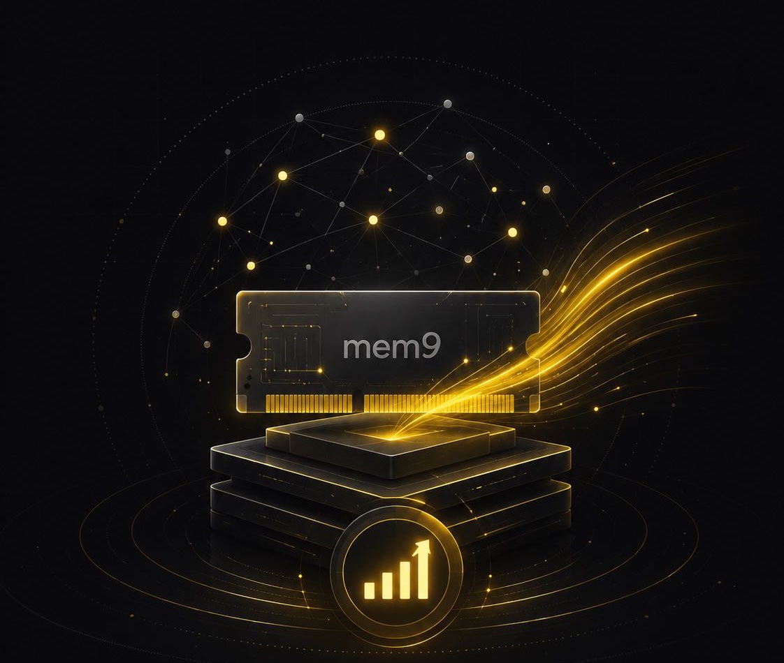 mem9 release notes illustration with a memory chip and golden data streams